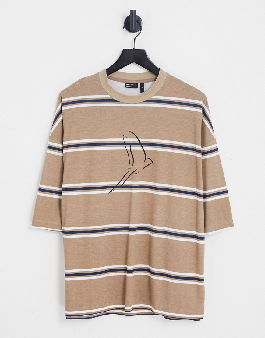 ASOS DESIGN oversized stripe t-shirt in beige with line drawing bird print-Neutral