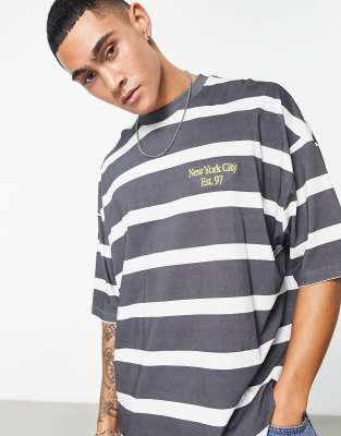 ASOS DESIGN oversized stripe t-shirt in black & white with chest text ...