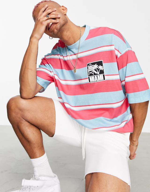 ASOS DESIGN - oversized stripe t-shirt in blue & pink cotton with miami city print - multi