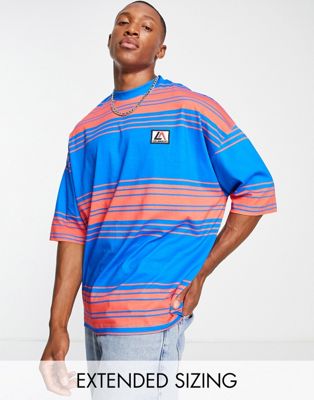 ASOS DESIGN oversized stripe t-shirt in blue & red with chest print - ASOS Price Checker