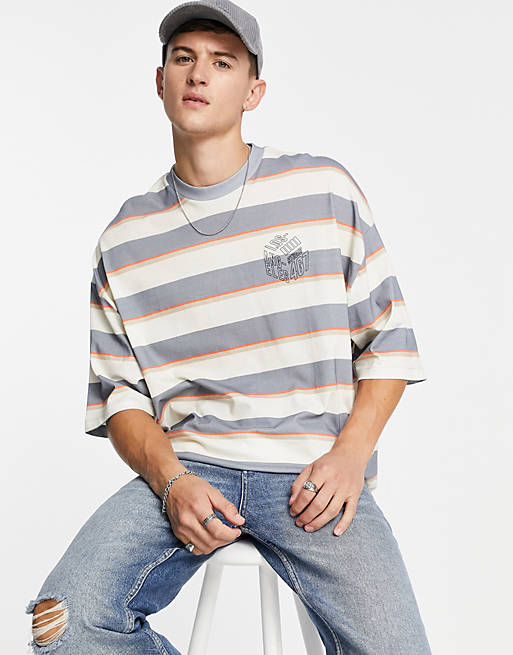 ASOS DESIGN oversized stripe t-shirt in blue with chest print