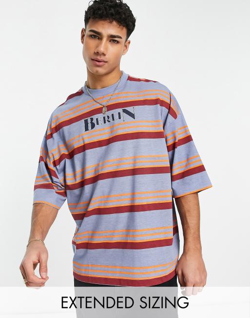 Asos Design Oversized Stripe T Shirt In Blue With City Print Asos