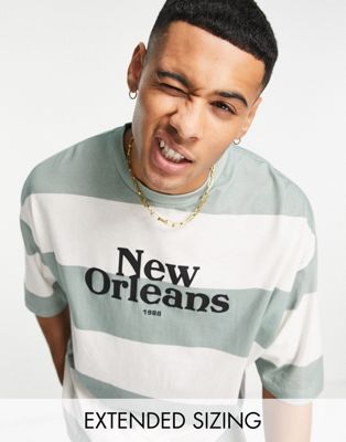 ASOS DESIGN oversized stripe t-shirt in blue with New Orleans city print-Green