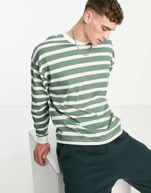ASOS DESIGN oversized stripe T-shirt in green and white with notch neck