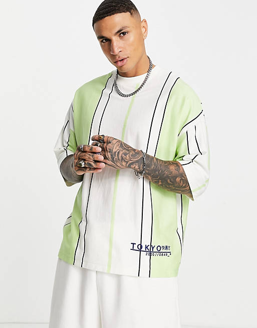 ASOS DESIGN oversized stripe t-shirt in green with Tokyo city print