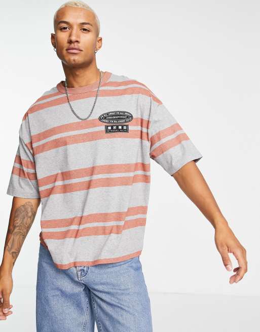 Asos Design Oversized Stripe T Shirt In Grey Marl And Orange With Chest