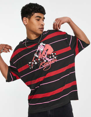 ASOS DESIGN oversized stripe t-shirt in grey with anime print | ASOS