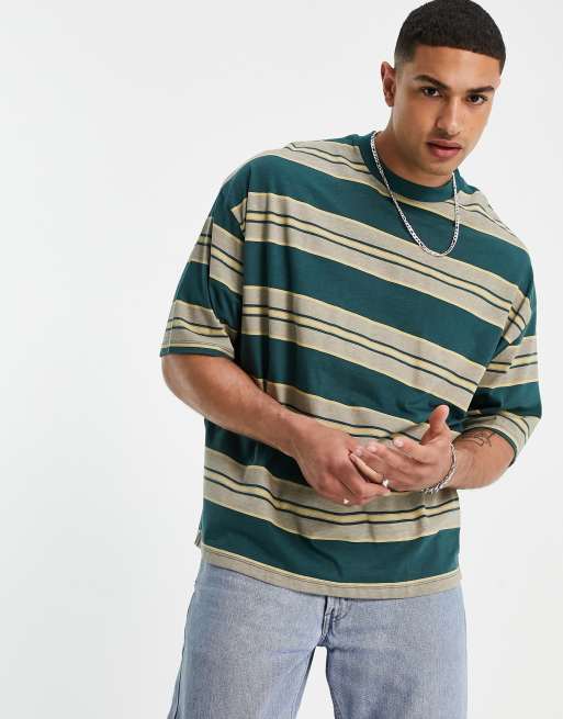 Asos Design Oversized Stripe T Shirt In Khaki Heather Asos