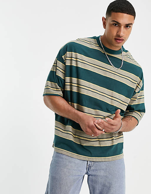 ASOS DESIGN oversized stripe t-shirt in khaki marl