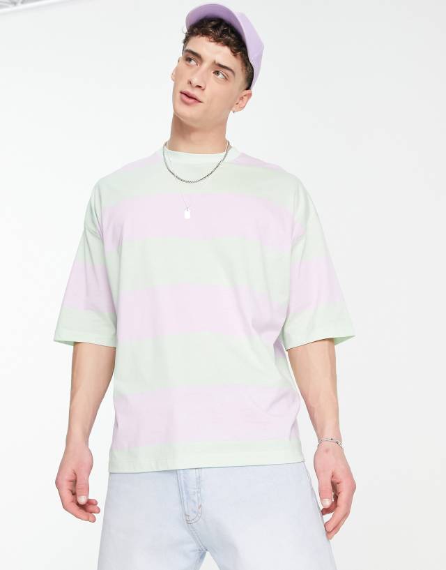 ASOS DESIGN oversized stripe T-shirt in lilac & green color block