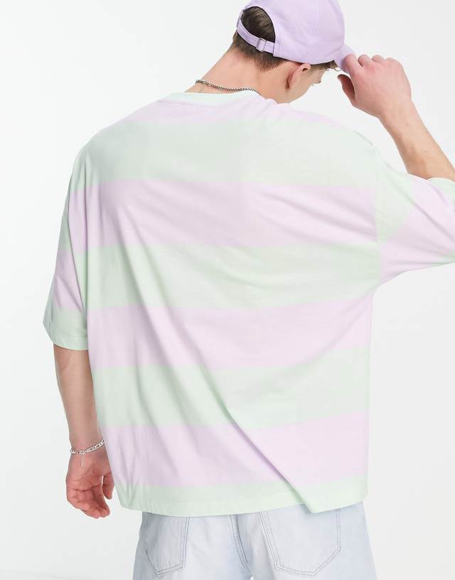 ASOS DESIGN oversized stripe T-shirt in lilac & green color block 0
