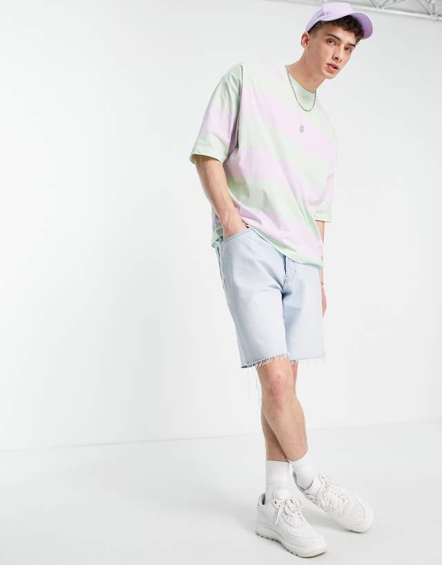 ASOS DESIGN oversized stripe T-shirt in lilac & green color block 2