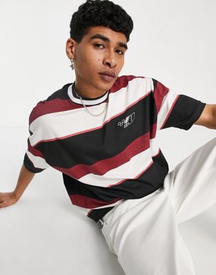 ASOS DESIGN oversized stripe t-shirt in pink with tipping and chest print