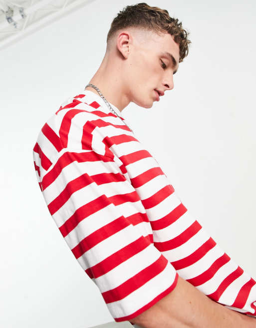 latin sammensnøret Modsatte ASOS DESIGN oversized stripe t-shirt in red and white | ASOS