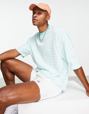 ASOS DESIGN oversized stripe t-shirt in turquoise with chest embroidery - TURQUOISE - RED