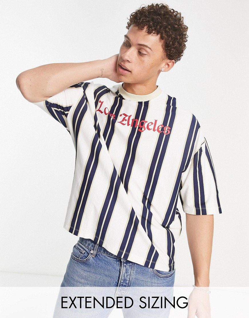 ASOS DESIGN oversized stripe T-shirt in white & navy with LA text print