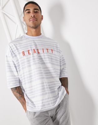 ASOS DESIGN oversized stripe t-shirt with embroidered text in blue ...