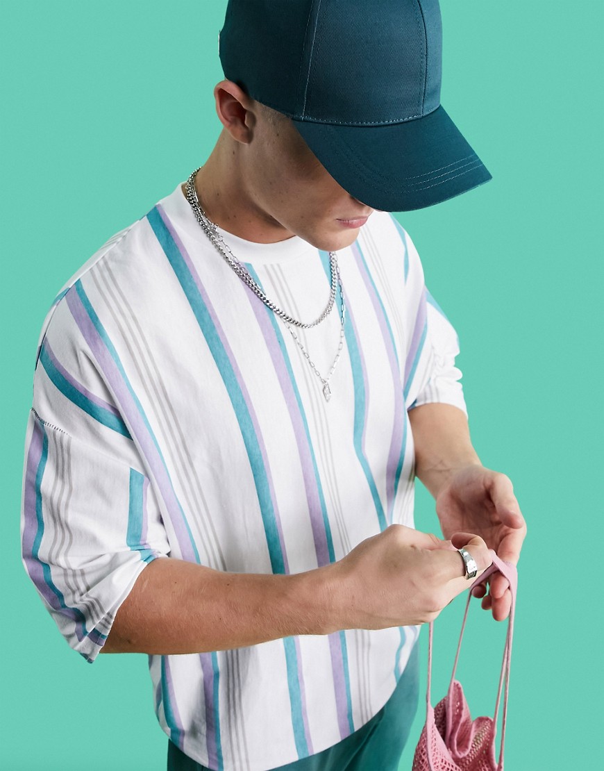 ASOS DESIGN oversized stripe t-shirt with seam detail in white & blue