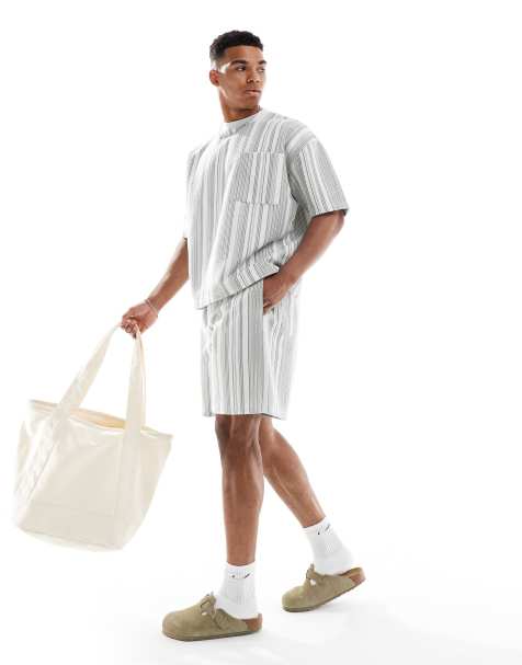 ASOS DESIGN oversized stripe textured short in stone - view 1