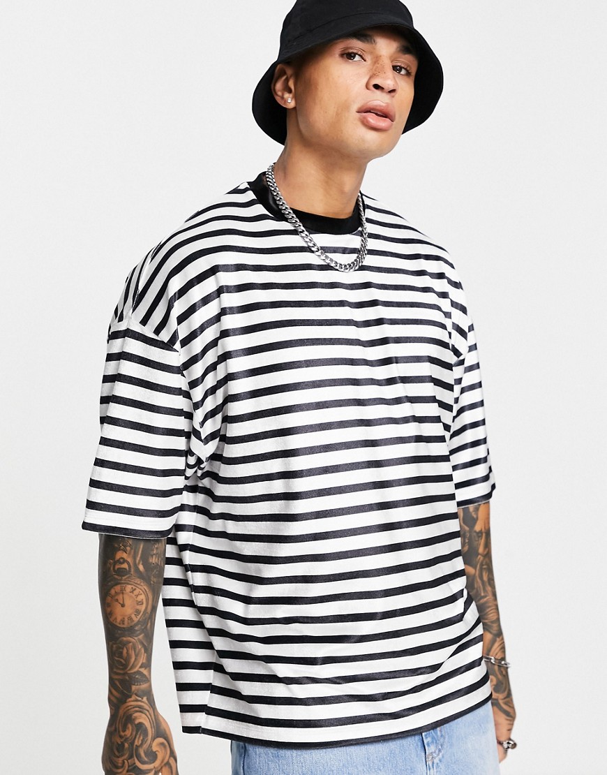 ASOS DESIGN oversized stripe velour t-shirt in black & white
