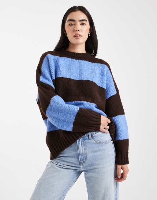 ASOS DESIGN oversized striped crew neck jumper in brown and blue