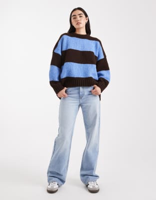 Asos Design Oversized Striped Crew Neck Sweater In Blue