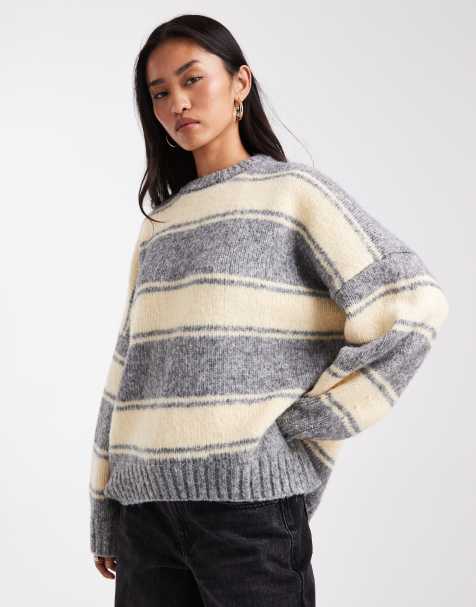 ASOS DESIGN oversized striped crew neck sweater in butter and gray - view 1