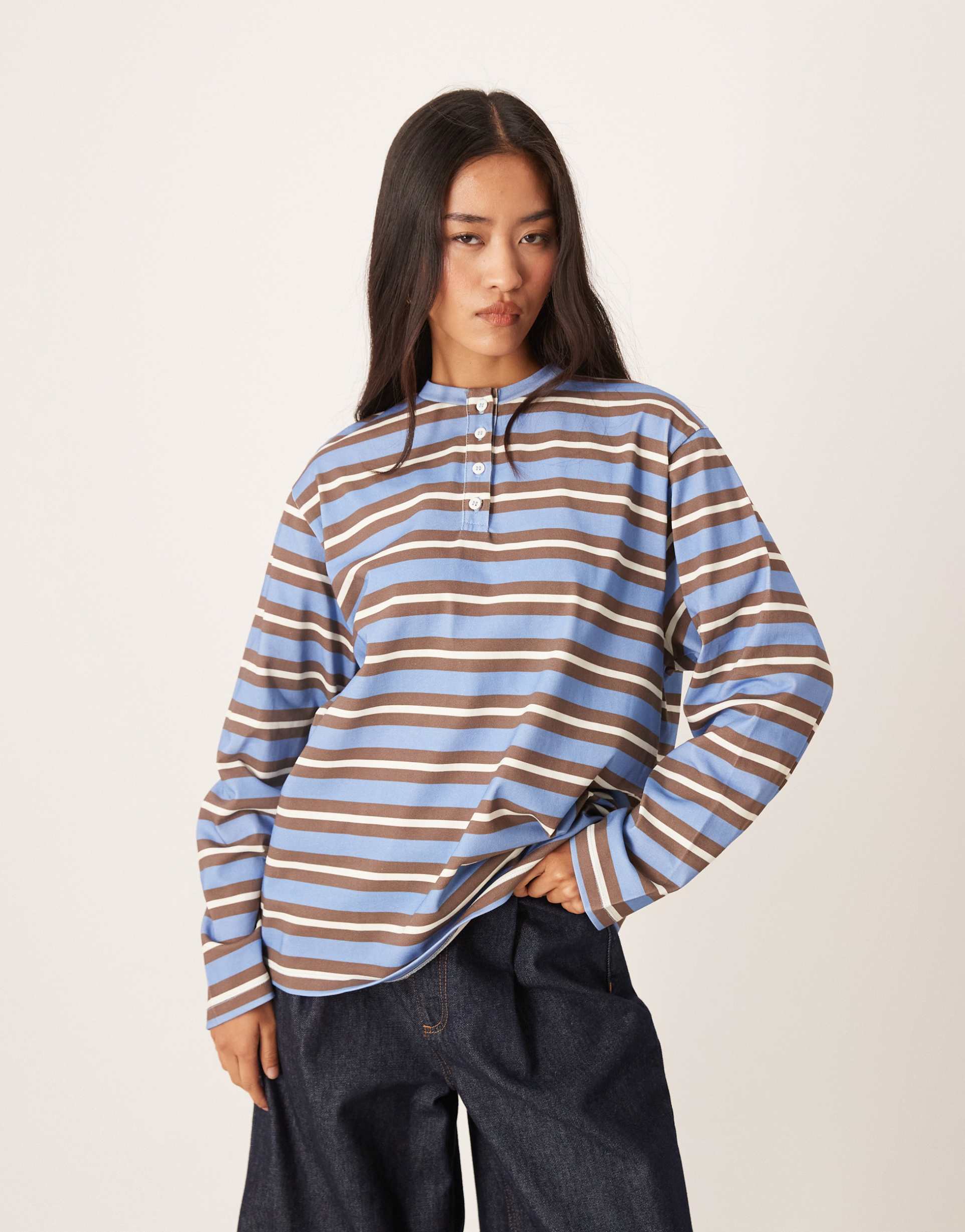 asos design oversized striped henley top in blue