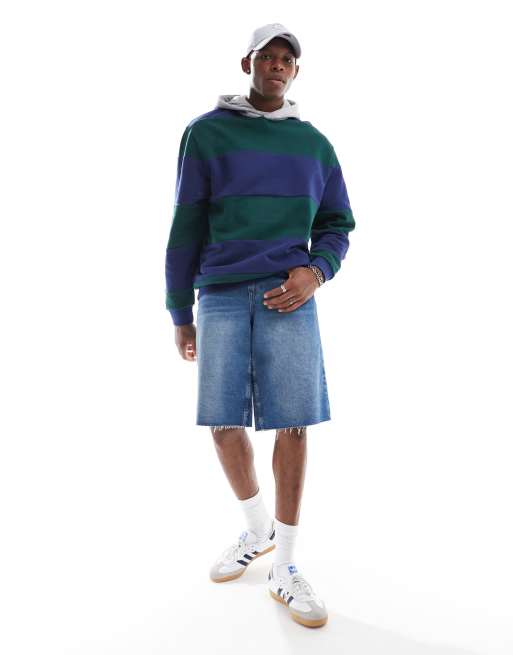 ASOS DESIGN oversized striped hoodie with contrast hood in navy and green, 2 of 4