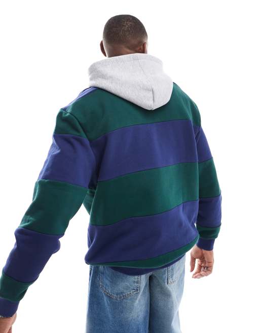 ASOS DESIGN oversized striped hoodie with contrast hood in navy and green, 3 of 4