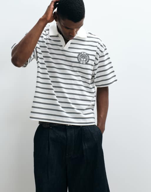 ASOS DESIGN oversized striped polo in cream and black, 2 of 5