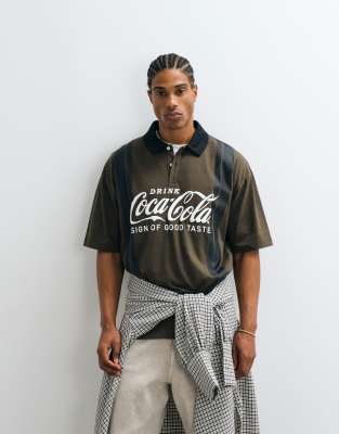 Asos Design Oversized Striped Polo With Coca Cola Print In Brown