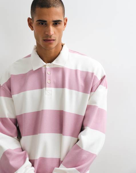 ASOS DESIGN oversized striped rugby polo in pink and ecru - view 1