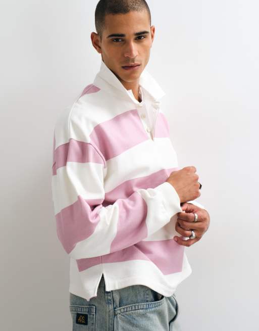 ASOS DESIGN oversized striped rugby polo in pink and ecru, 4 of 5