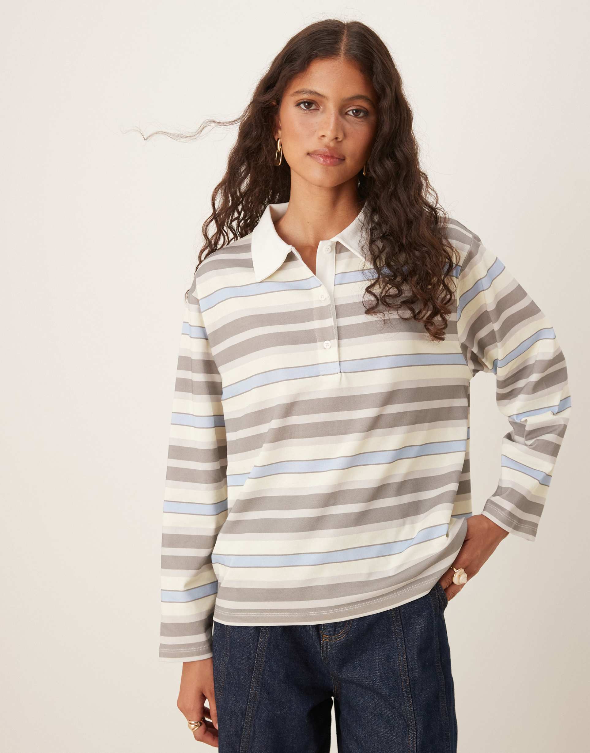 asos design oversized striped rugby polo top in ivory