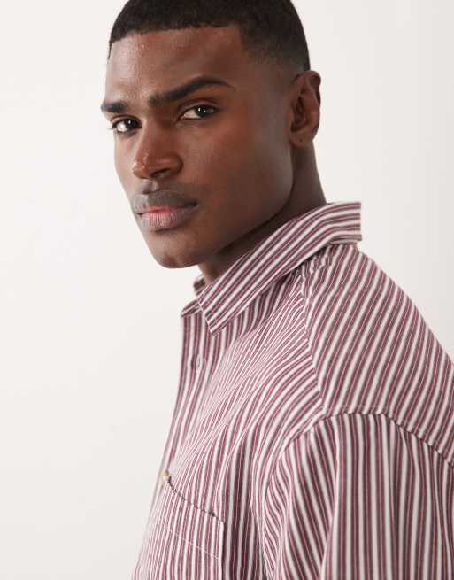 ASOS DESIGN oversized striped shirt in burgundy, 4 of 5