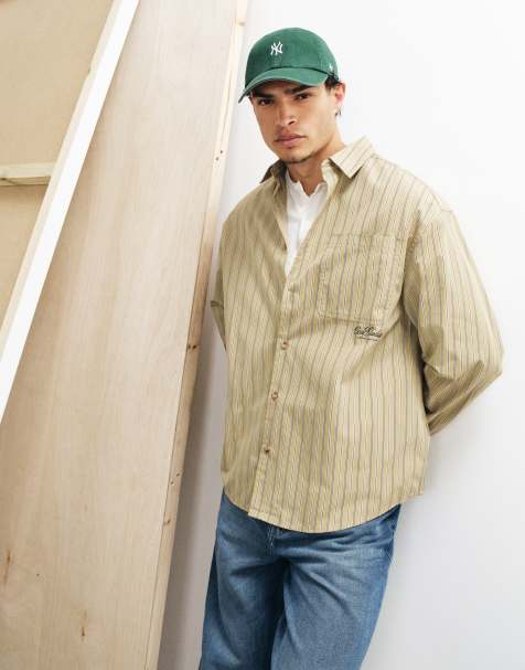 ASOS DESIGN oversized striped shirt with chest and back print in brown - view 1