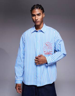 Asos Design Oversized Striped Shirt With Chest Embroidery In Blue