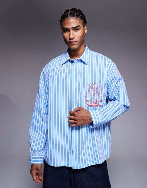 ASOS DESIGN oversized striped shirt with chest embroidery in blue - view 1