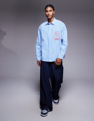 Asos Design Oversized Striped Shirt With Chest Embroidery In Blue