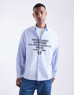 Asos Design Oversized Striped Shirt With Chest Print In Blue