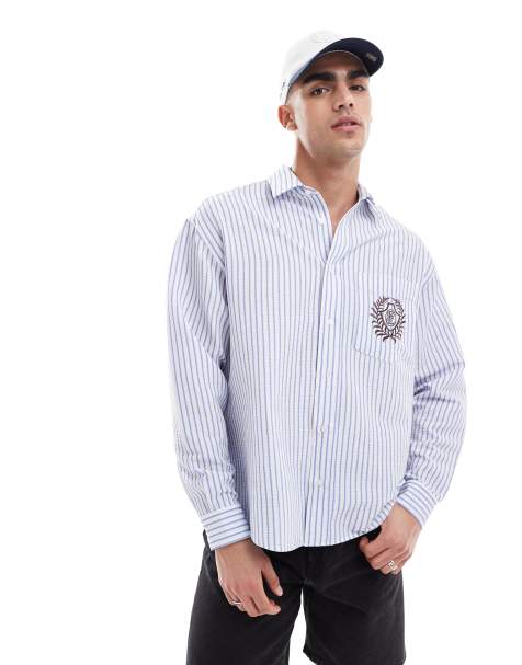 ASOS DESIGN oversized striped shirt with embroidery in blue - view 1
