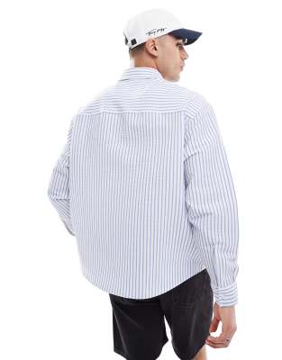 Asos Design Oversized Striped Shirt With Embroidery In Blue