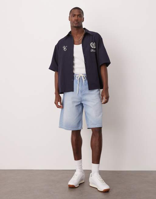 ASOS DESIGN oversized striped shirt with embroidery in navy
