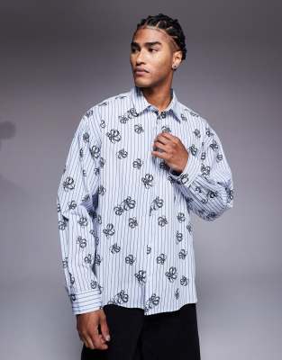 Asos Design Oversized Striped Shirt With Floral Print In Blue