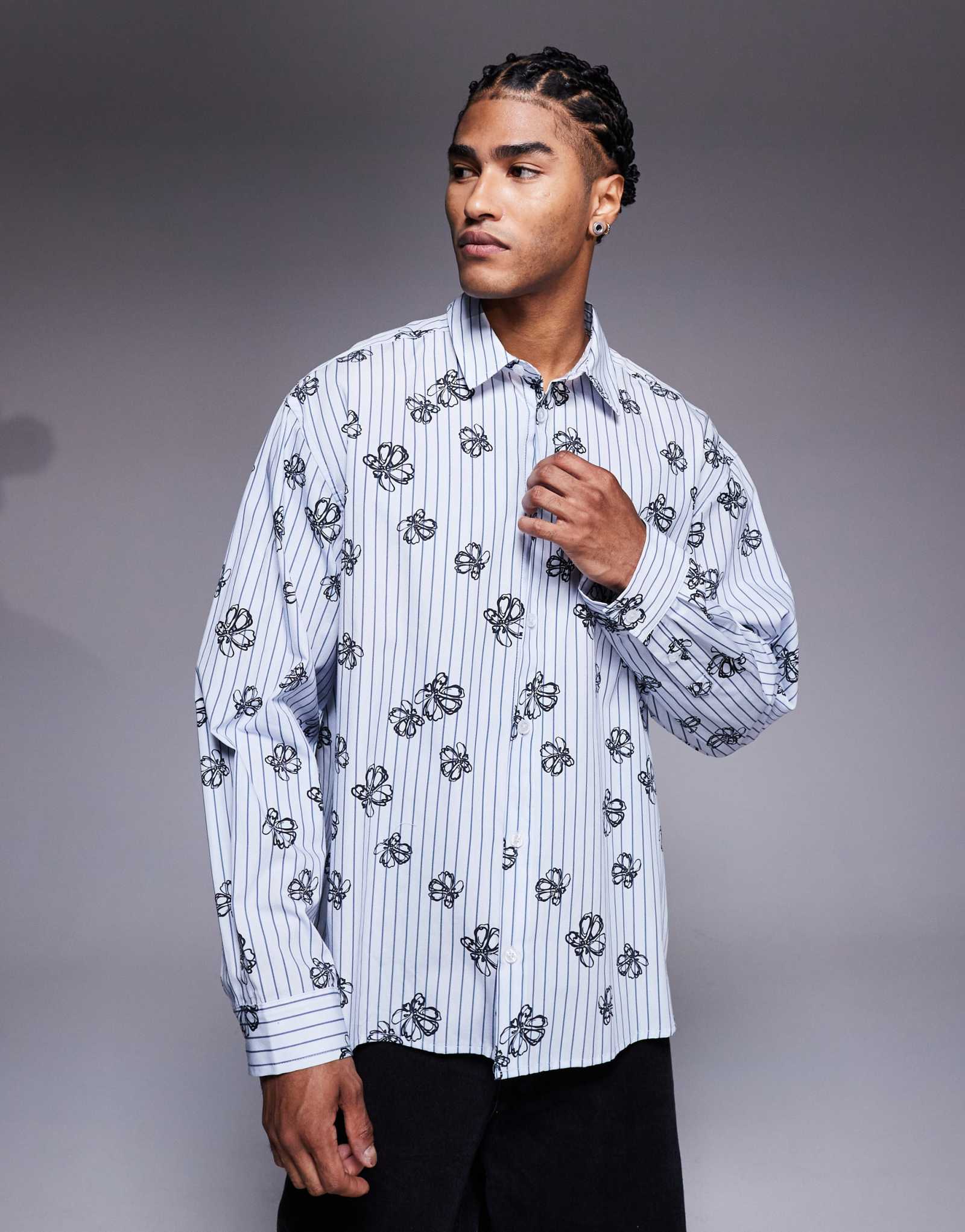 Рубашка в полоску оверсайз от ASOS DESIGN с цветочным принтом синего цвета