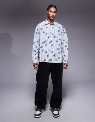 Asos Design Oversized Striped Shirt With Floral Print In Blue