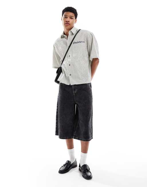 ASOS DESIGN oversized striped shirt with half sleeve in green, 2 of 4