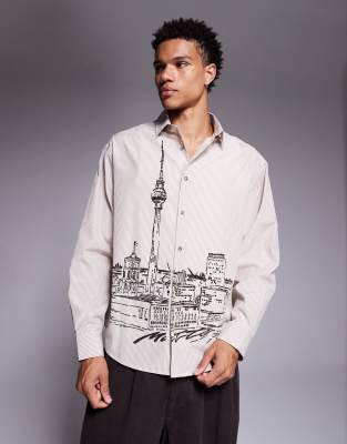 Asos Design Oversized Striped Shirt With Landscape Print In Neutral