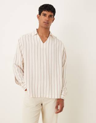 Asos Design Oversized Striped Shirt With Open Collar In Neutral